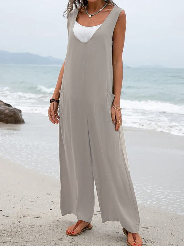Solid color patch pocket fashion jumpsuit V-neck overalls wide-leg trousers