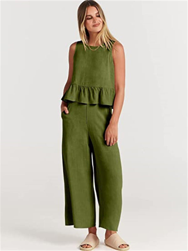 Sleeveless pleated vest wide-leg cropped pants casual suit