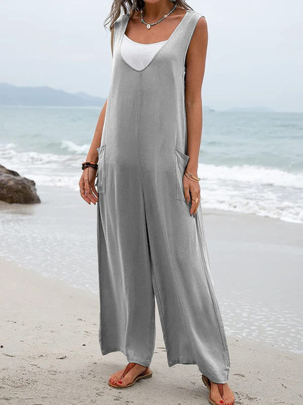 Solid color patch pocket fashion jumpsuit V-neck overalls wide-leg trousers