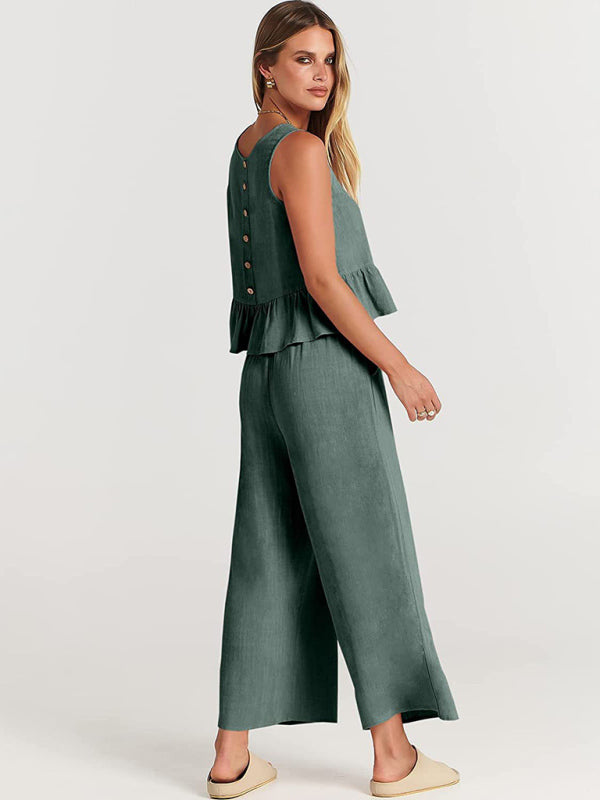 Sleeveless pleated vest wide-leg cropped pants casual suit