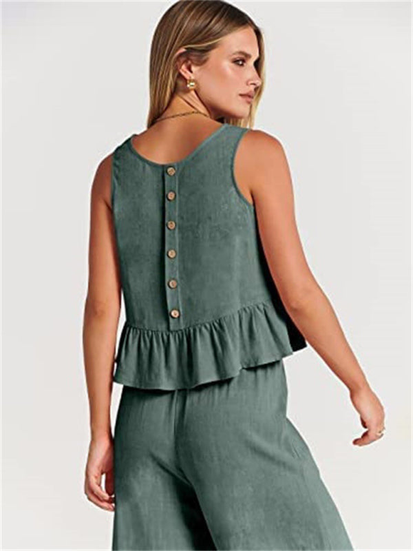 Sleeveless pleated vest wide-leg cropped pants casual suit