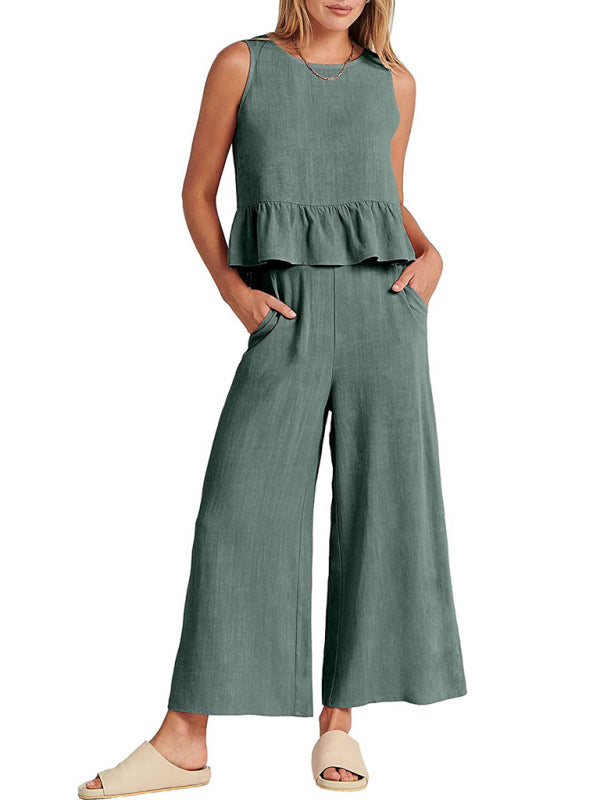 Sleeveless pleated vest wide-leg cropped pants casual suit