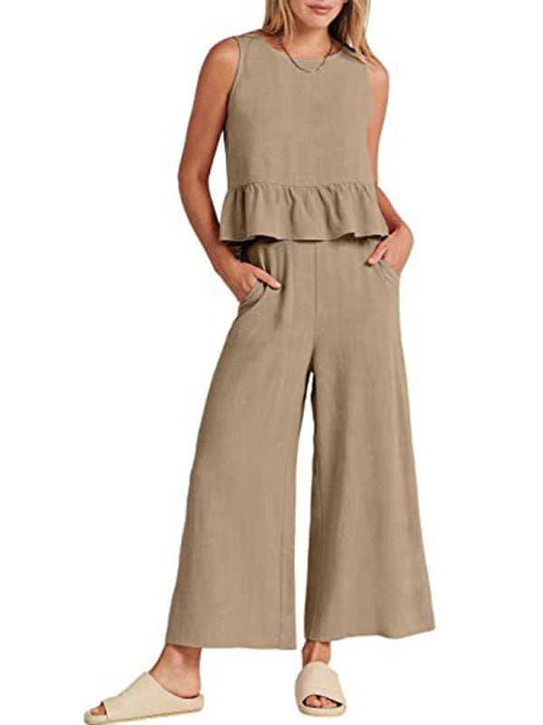 Sleeveless pleated vest wide-leg cropped pants casual suit