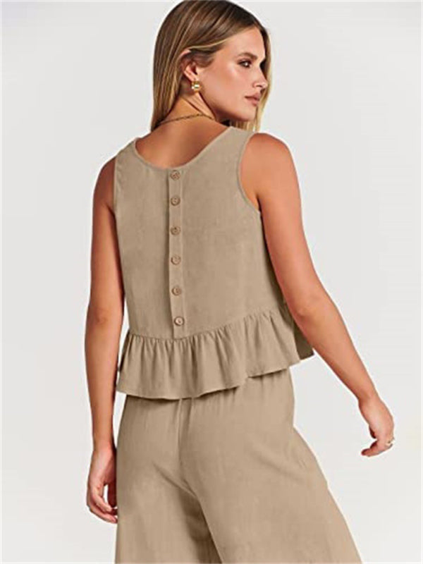 Sleeveless pleated vest wide-leg cropped pants casual suit