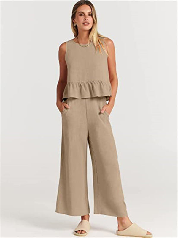Sleeveless pleated vest wide-leg cropped pants casual suit