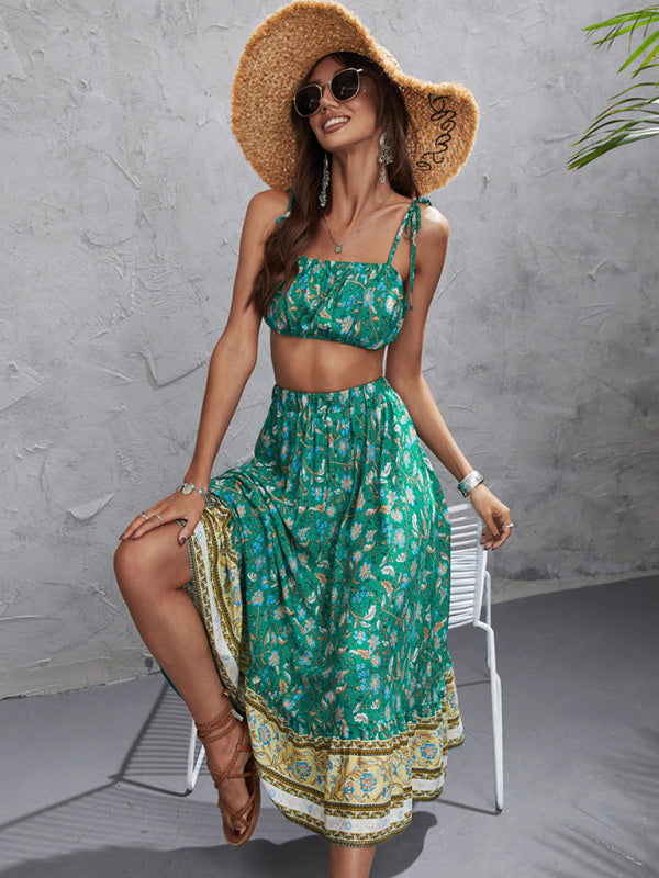 Women's Ethnic Printed Sling Top + Skirt Two-Piece Set